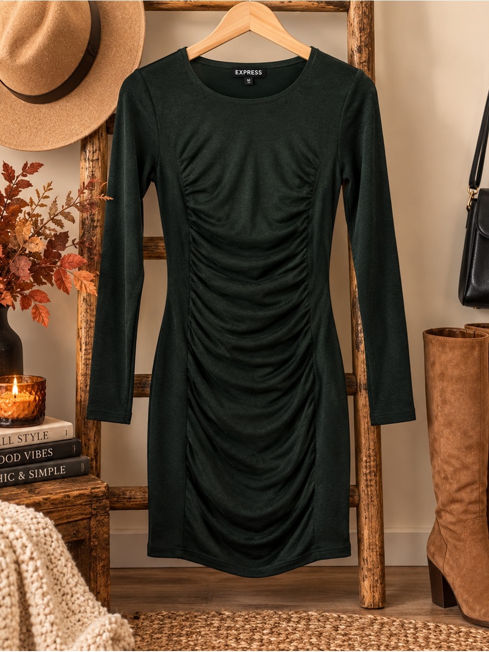 Express Dark Green Ruched Bodycon Long Sleeve Dress – Size Medium